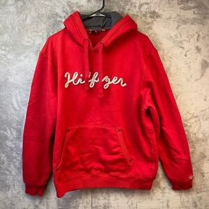 Tommy Hilfiger Denim Womens Red Script Logo Pullover Hoodie Sweatshirt Large